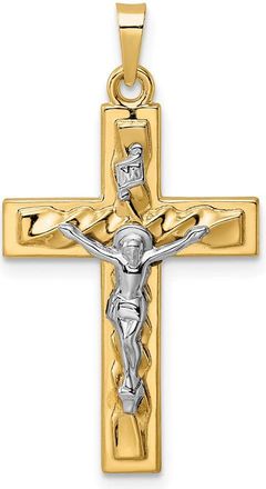 Diamond2Deal 14k Two-tone Gold Polished and Twisted Hollow INRI Crucifix Pendant