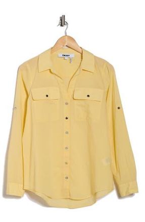 DKNY Solid Roll Sleeve Button-Up Shirt in Buttercream at Nordstrom Rack, Size X-Small