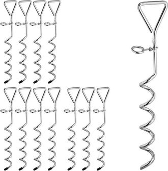 Relaxdays 12 Piquetas Para Camping, Espiral, Carpas & Cama El&aacute;stica, Acero, Sistema De Anclaje, 42 Cm, Plateado
