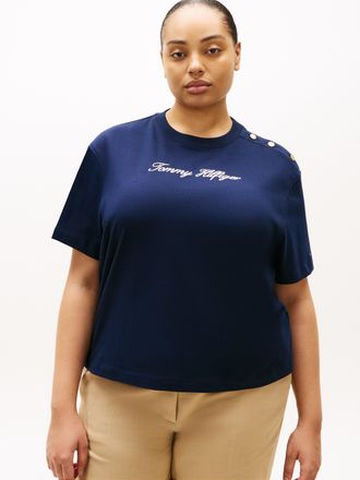 Tommy Hilfiger Kurzarmshirt TOMMY HILFIGER CURVE CRV GOLD BTN SCRIPT MDRN SS TEE, Damen, Gr. 46, schwarz night navy, Single Jersey, Obermaterial: 100% Baumwolle, uni