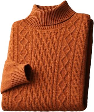 Generic Mens Solid Merino Wool Jumper Turtleneck Double-Ply Thickened Twisted Pullover Jumper Knitted Bottoming Shirt Caramel XL