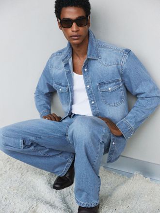 Reiss Washed Blue Denim Western Overshirt, XL