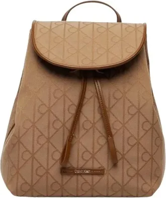 Calvin Klein Tassen, Dames, Bruin, ONE Size, Polyester, Emblem Logo Jacquard Flap Rugzak