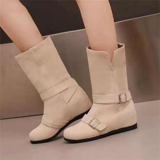 Generic Womens Retro Mid Calf Boots Round Toe Hidden Wedge Increasing Heel Slip On With A Decorative Side Buckle