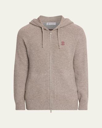 Brunello Cucinelli Mens Cashmere Rib Full-Zip Hoodie