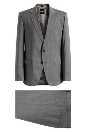 BOSS Huge Slim Fit Brown Windowpane Check Virgin Wool Suit in Silver at Nordstrom, Size 40 Regular