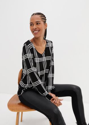 Bonprix Langarmshirt BONPRIX, Damen, Gr. 56/58 (XXXL), schwarz (schwarz, wollwei&szlig; kariert), Obermaterial: 95% Viskose, 5% Elasthan, l&auml;ssig geschnitten, Shirts