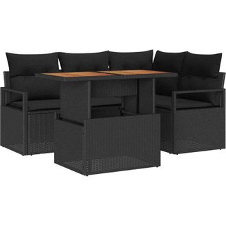 vidaXL Conjunto De Sof&aacute; De Jard&iacute;n 5 Pcs Negro Polirat&aacute;n