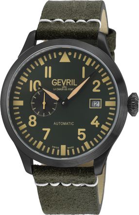 Gevril Group Mens Vaughn SS/IPBKCase,SS Bezel Black/White Dial, Black Handmade Italian Leather Strap. - Green - One Size