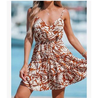 Cupshe Tie Waist Ruffle Hem Sleeveless Tropical Leaf Mini Dress In Brown