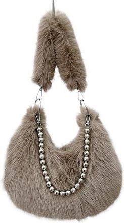 Generic Womens Plush Bags Faux Fur Womens Beaded Chain Underarm Bag Solid Color Plush Female Half Moon Shoulder Bags Winter Fluffy Hobos Handbags(Brown)