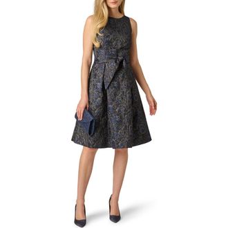Adrianna Papell Floral Jacquard Sleeveless Tie Front Dress in Black/navy at Nordstrom, Size 10