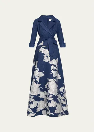 Teri Jon Metallic Floral Jacquard Shirt Gown