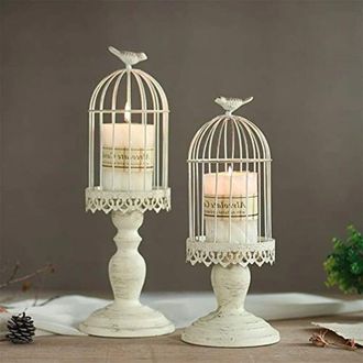 OEM Chandelier Cage A Oiseaux - Metal Mate Ivoire - Para Decoracion De Interiores Y Bodas - Altura 32 Cm Y 38 Cm - Pack De 2