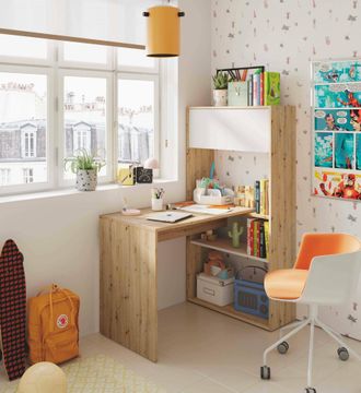 Dmora Escritorio Dmangn, Escritorio Esquinero Reversible Con Librer&iacute;a, Mesa De Estudio U Oficina Multiposici&oacute;n, 108x70h140 Cm, Nudos Blancos Y Roble - Dmora