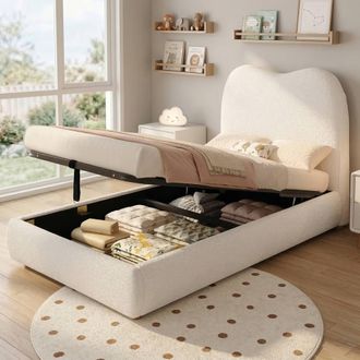 Matteo Beige Boucl&eacute; Single Upholstered Bed - 3ft Childrens Hydraulic Storage