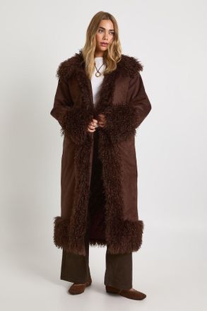 Boohoo Womens Faux Fur Trim Suede Maxi Coat - Chocolate - Size 10 UK