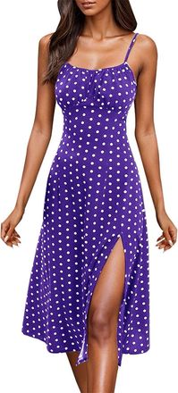 Generic Womens Summer Strappy Dresses Polka Dot Printed Spaghetti Midi Beach Dresses Casual Square Neck Sleeveless Tank Dress Side Slit Party Strap Dress Knee
