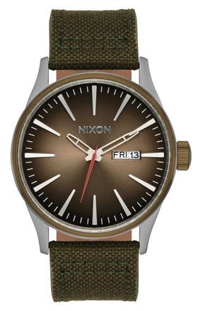 Nixon The Sentry Nylon Strap Watch, 42mm in Silver /Lt Brown /Asphalt at Nordstrom