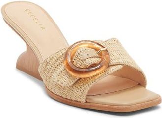 Cecelia New York Checker Buckle Raffia Wedge Slide Sandal in Tea at Nordstrom, Size 8.5