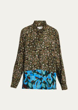 Dries Van Noten Colorblock Marble-Print Button-Down Shirt