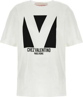 Valentino Garavani Jersey Katoenen T-Shirt Met Chez Valentino Print - Dames - T-shirts - Wit - M - Katoen - Tops