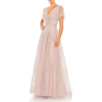 Mac Duggal Embellished Butterfly Sleeve Wrap Evening Gown in Vintage Rose at Nordstrom, Size 12