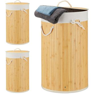 Relaxdays 3 Cestos Ropa Sucia Con Tapa, Redondo, Cubo Colada, Canasta Plegable, Bamb&uacute;, 70 L, &Oslash; 41 Cm, Color Crema