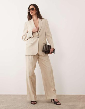 Mango Casiopea - Pantaloni comodi sartoriali in misto lino beige in coordinato-Neutro