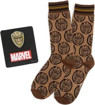 Cufflinks Inc. x Marvel Groot Cotton Blend Dress Socks & Lapel Pin Set in Brown at Nordstrom, Size 10-13