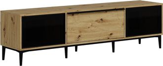 Vente-Unique Mueble TV con 3 puertas de vidrio templado negro - Natural - MOLINIA