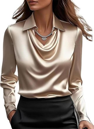 Generic Womens Elegant Turtleneck Satin Long-Sleeved Blouse, Solid Color Business Casual Top. (Champagne,S)