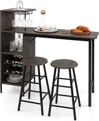 Costway Costway - Juego De 3 Piezas Mesa Y Sillas De Bar, Mesa Y Taburetes Industriales Con Soportes Para Copas De Vino Y Estantes Para 6 Botellas De Vino, Ju