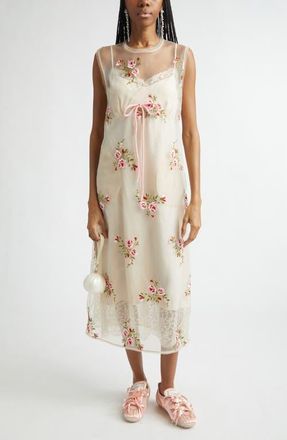 Simone Rocha Floral Embroidered Frayed Organza Column Dress in Nude Floral/Pink at Nordstrom, Size 2 Us