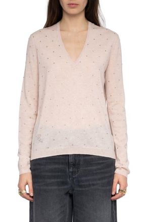 Zadig&Voltaire Rivy Rhinestone Emellished Cashmere V-Neck Sweater in Pearly at Nordstrom, Size X-Small