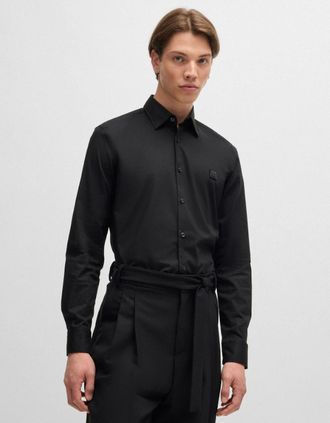 HUGO BOSS Mens HUGO Ermo Mens Slim Fit Shirt in Stretch Cotton with Stacked Logo - Black 001 - Size: 40/Regular