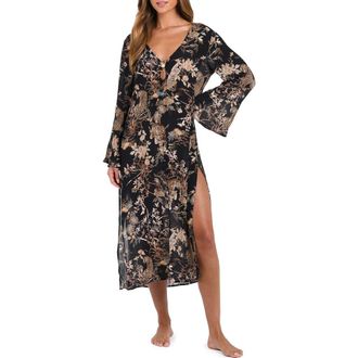 L'agence Sara Jungle Long Sleeve Sheer Crepe Cover-Up Dress in Black at Nordstrom Rack, Size X-Small