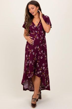 Pinkblush Floral Short Sleeve Wrap Hi-Low Maxi Dress in Burgundy at Nordstrom, Size Medium