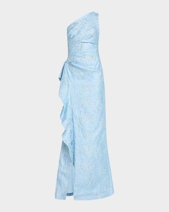Teri Jon One-Shoulder Jacquard Side-Ruffle Gown