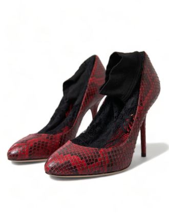 Dolce & Gabbana Womens Red Ayers Leather Lace Socks Pumps Shoes Black And
