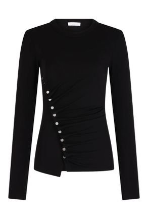 Paco Rabanne Black Round Neck Draped Metallic Buttons Viscose Top