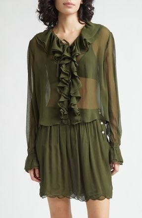 Bode Flounce Ruffle Silk Top in Olive at Nordstrom, Size X-Large