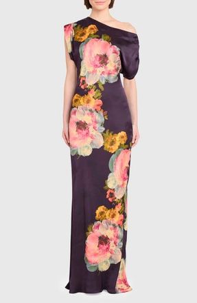 Amanda Uprichard Elroy One-Shoulder Satin Gown in Seona Print at Nordstrom, Size X-Small