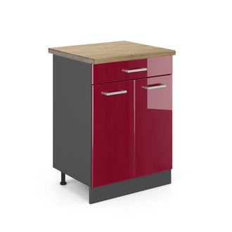 Vicco Mueble Bajo De Cocina R-line, Rojo Burdeos Alto Brillo, 60 Cm, Et Roble, Vicco