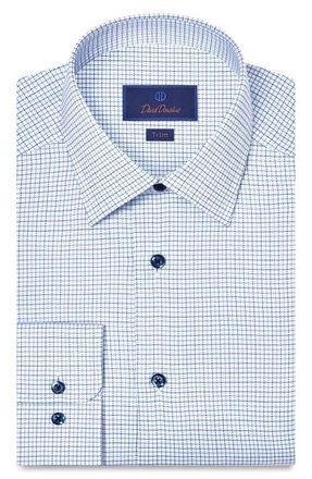 David Donahue Trim Fit Microcheck Stretch Cotton Twill Dress Shirt in White/Blue at Nordstrom, Size 17.5 - 32