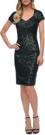 La Femme Knee Length Sequin Dress with Short Sleeves in Dark Emerald at Nordstrom, Size 10