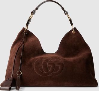 Gucci Large Shoulder Bag With Double G Detail, Brown, Suede