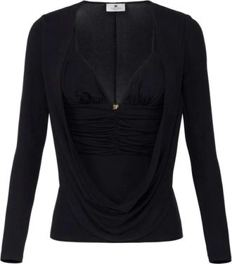 Elisabetta Franchi Overhemden, Dames, Zwart, S, Crêpe Jersey Trui met Juwelen Logo Details