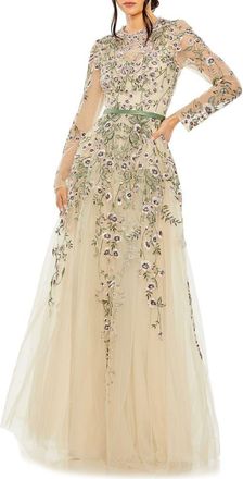 Mac Duggal Long Sleeve Embellished Gown in Sage Multi at Nordstrom, Size 12