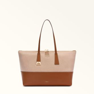 Furla Olivia Tote L Toni Cognac Brown Canvas Fabric + Sidney Calf Leather Woman
